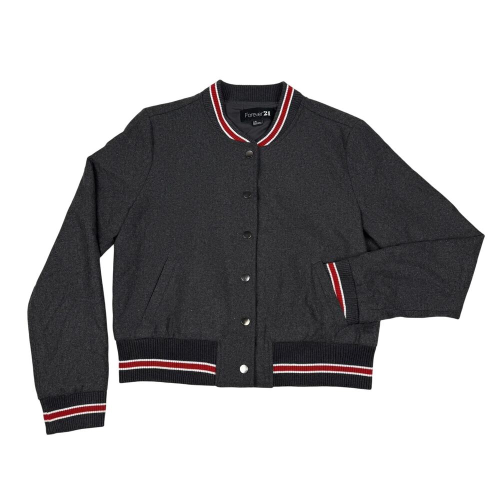 Forever 21 Wool Blend Varsity Bomber Jacket Collegiate Prep Charcoal Gray Red L